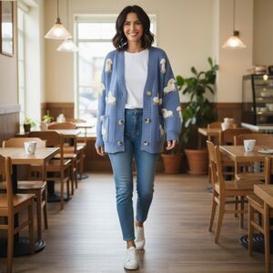 Cute Printed Sheep Cardigan Sweater Blue Size Med